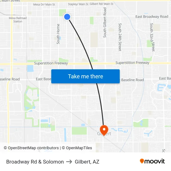 Broadway Rd & Solomon to Gilbert, AZ map
