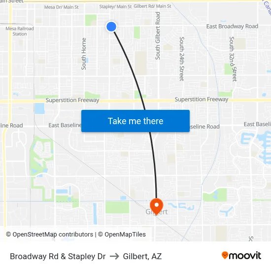 Broadway Rd & Stapley Dr to Gilbert, AZ map