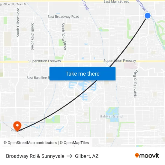 Broadway Rd & Sunnyvale to Gilbert, AZ map