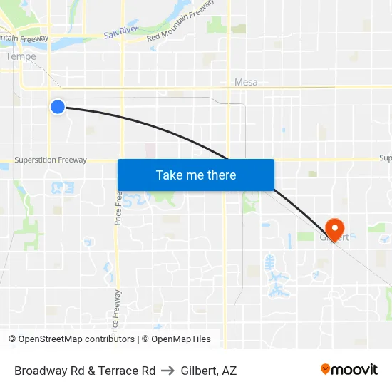 Broadway Rd & Terrace Rd to Gilbert, AZ map