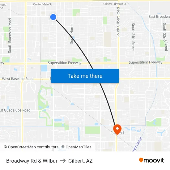 Broadway Rd & Wilbur to Gilbert, AZ map
