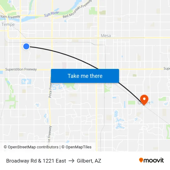 Broadway Rd & 1221 East to Gilbert, AZ map