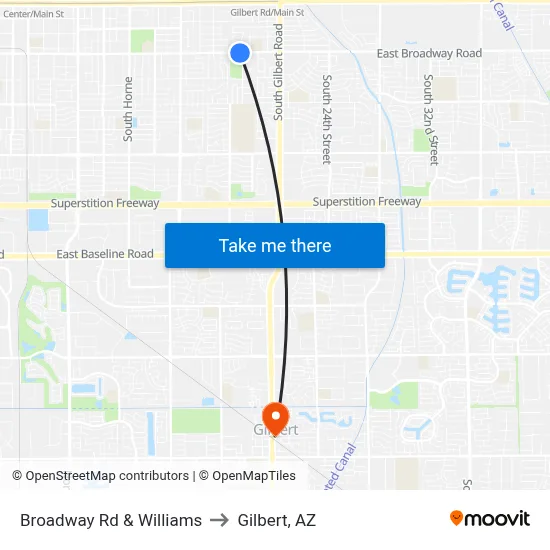 Broadway Rd & Williams to Gilbert, AZ map
