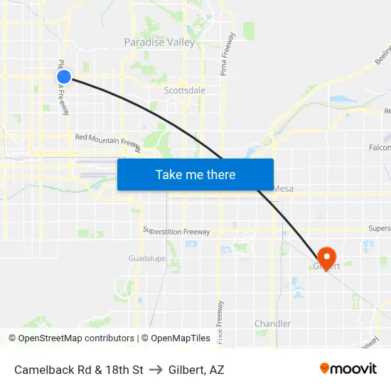 Camelback Rd & 18th St to Gilbert, AZ map