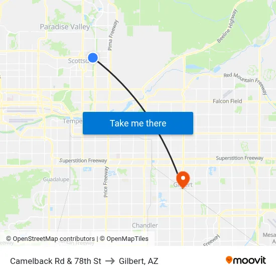Camelback Rd & 78th St to Gilbert, AZ map