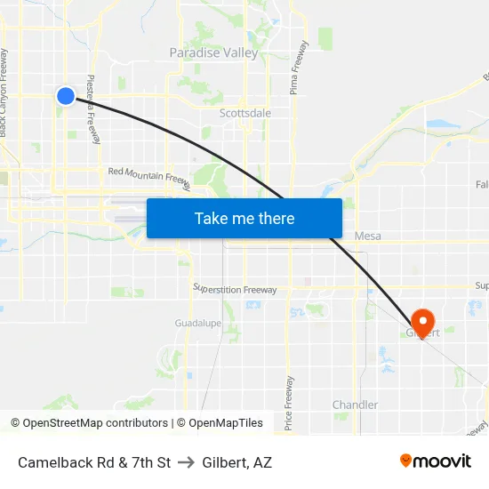 Camelback Rd & 7th St to Gilbert, AZ map