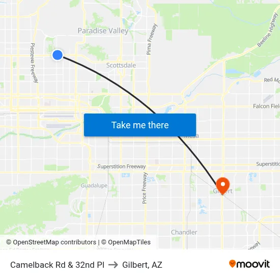 Camelback Rd & 32nd Pl to Gilbert, AZ map