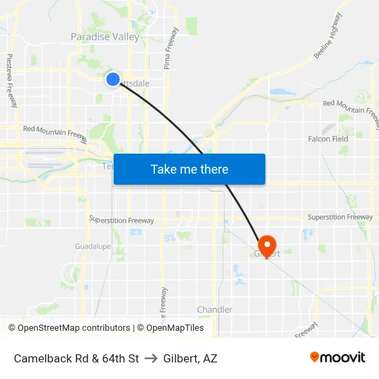 Camelback Rd & 64th St to Gilbert, AZ map