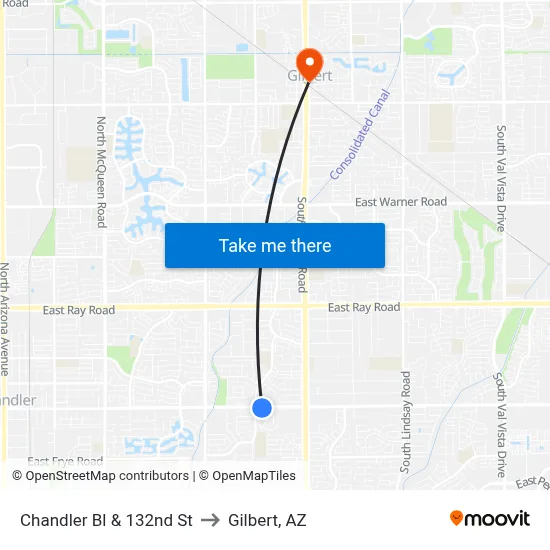 Chandler Bl & 132nd St to Gilbert, AZ map