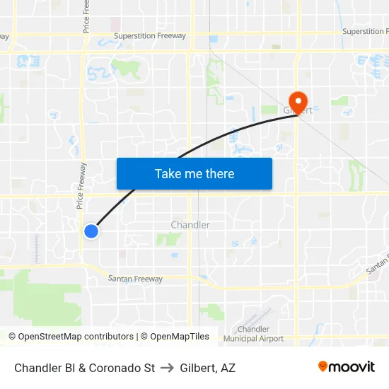 Chandler Bl & Coronado St to Gilbert, AZ map