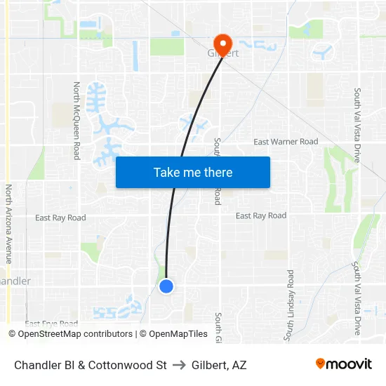 Chandler Bl & Cottonwood St to Gilbert, AZ map