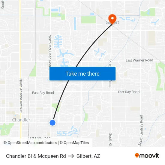 Chandler Bl & Mcqueen Rd to Gilbert, AZ map