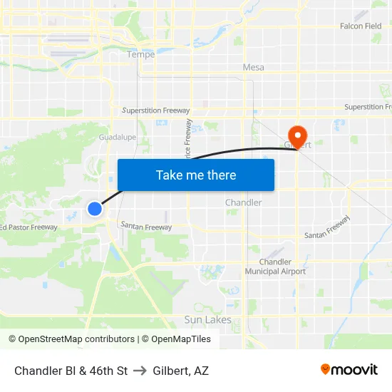 Chandler Bl & 46th St to Gilbert, AZ map