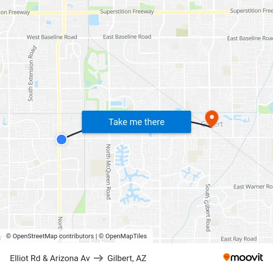 Elliot Rd & Arizona Av to Gilbert, AZ map