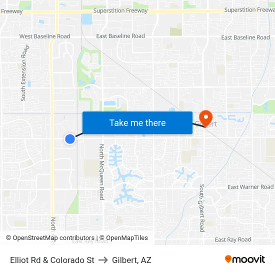 Elliot Rd & Colorado St to Gilbert, AZ map