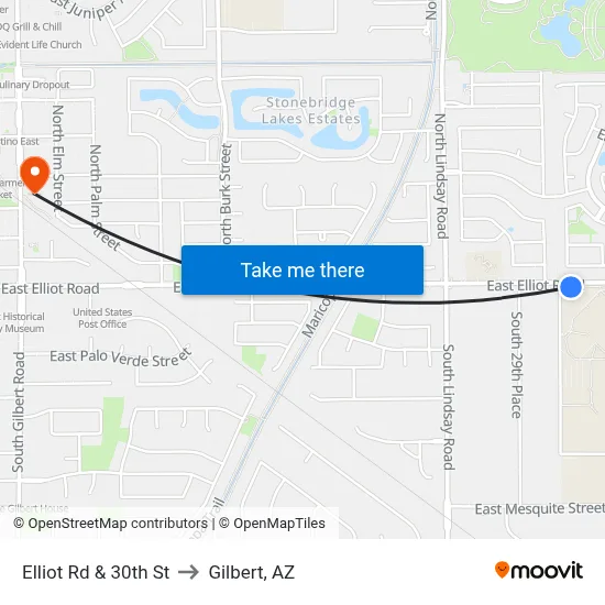 Elliot Rd & 30th St to Gilbert, AZ map