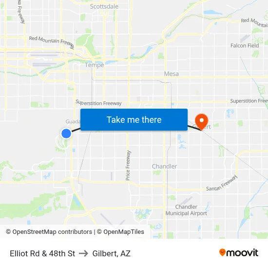 Elliot Rd & 48th St to Gilbert, AZ map