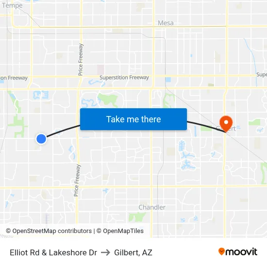 Elliot Rd & Lakeshore Dr to Gilbert, AZ map