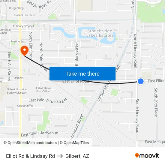 Elliot Rd & Lindsay Rd to Gilbert, AZ map