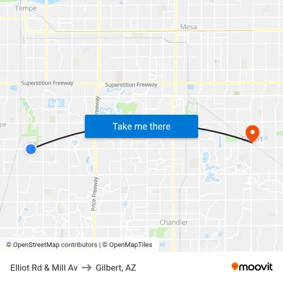 Elliot Rd & Mill Av to Gilbert, AZ map