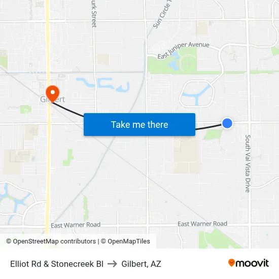 Elliot Rd & Stonecreek Bl to Gilbert, AZ map