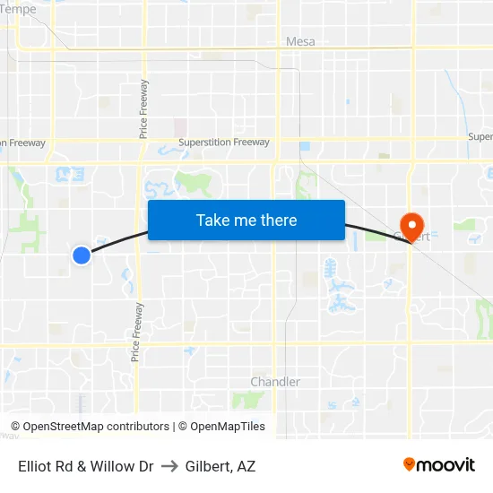 Elliot Rd & Willow Dr to Gilbert, AZ map