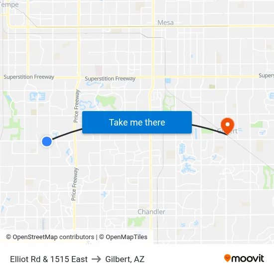 Elliot Rd & 1515 East to Gilbert, AZ map