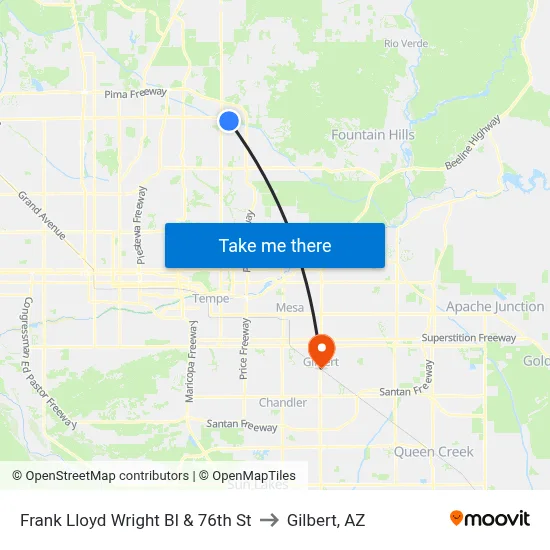 Frank Lloyd Wright Bl & 76th St to Gilbert, AZ map