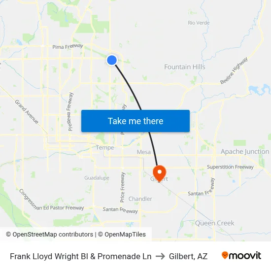 Frank Lloyd Wright Bl & Promenade Ln to Gilbert, AZ map