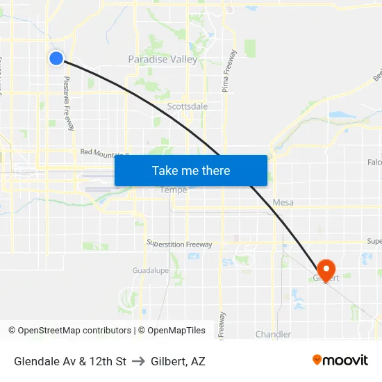 Glendale Av & 12th St to Gilbert, AZ map