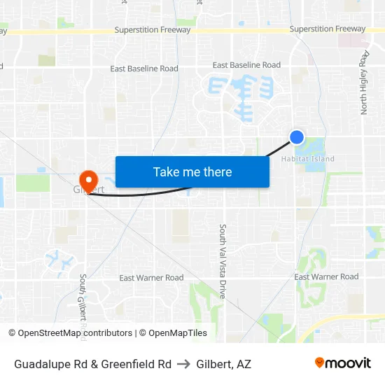 Guadalupe Rd & Greenfield Rd to Gilbert, AZ map