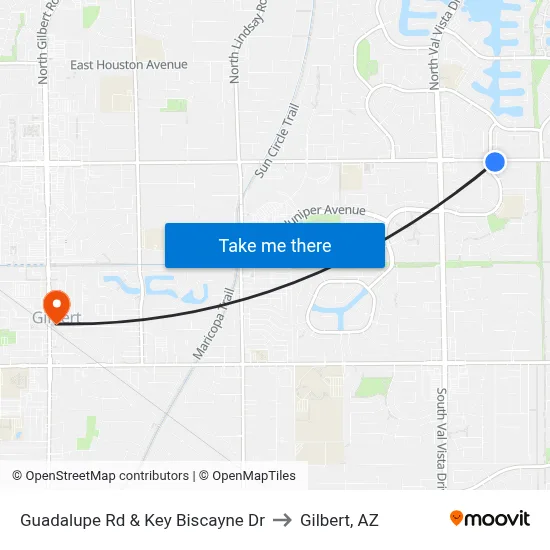 Guadalupe Rd & Key Biscayne Dr to Gilbert, AZ map
