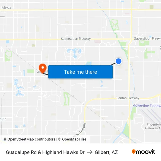 Guadalupe Rd & Highland Hawks Dr to Gilbert, AZ map