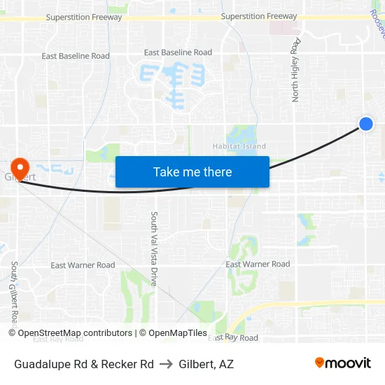 Guadalupe Rd & Recker Rd to Gilbert, AZ map