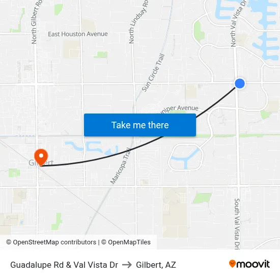 Guadalupe Rd & Val Vista Dr to Gilbert, AZ map