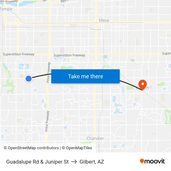Guadalupe Rd & Juniper St to Gilbert, AZ map