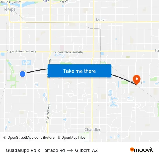 Guadalupe Rd & Terrace Rd to Gilbert, AZ map