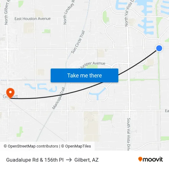 Guadalupe Rd & 156th Pl to Gilbert, AZ map
