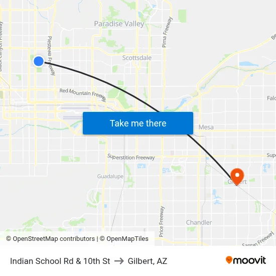 Indian School Rd & 10th St to Gilbert, AZ map