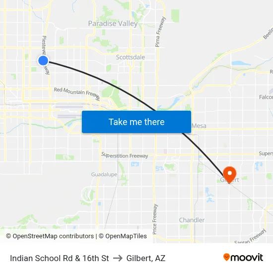 Indian School Rd & 16th St to Gilbert, AZ map