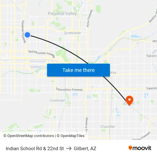 Indian School Rd & 22nd St to Gilbert, AZ map