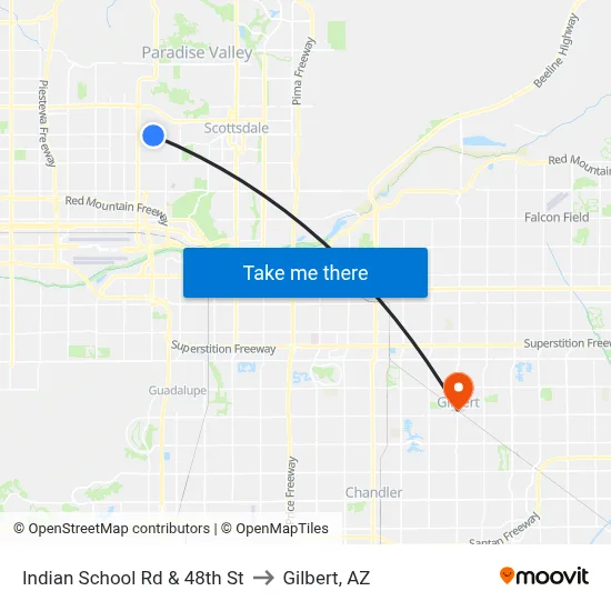 Indian School Rd & 48th St to Gilbert, AZ map