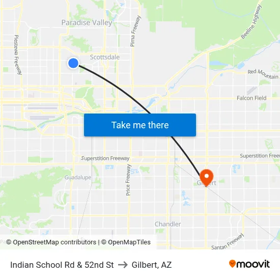Indian School Rd & 52nd St to Gilbert, AZ map