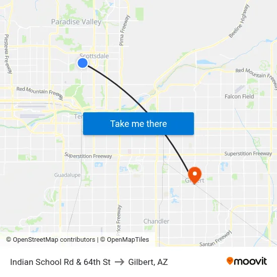 Indian School Rd & 64th St to Gilbert, AZ map