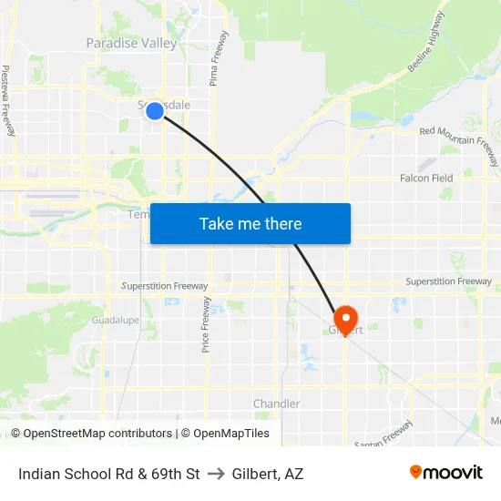 Indian School Rd & 69th St to Gilbert, AZ map