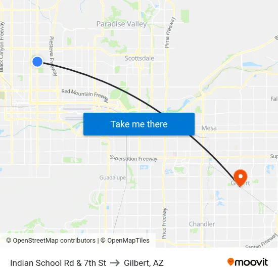Indian School Rd & 7th St to Gilbert, AZ map