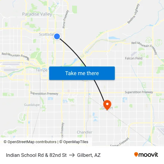 Indian School Rd & 82nd St to Gilbert, AZ map