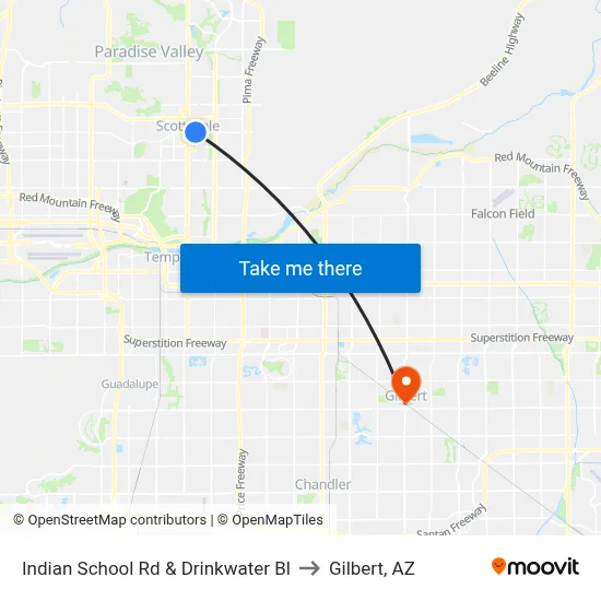 Indian School Rd & Drinkwater Bl to Gilbert, AZ map