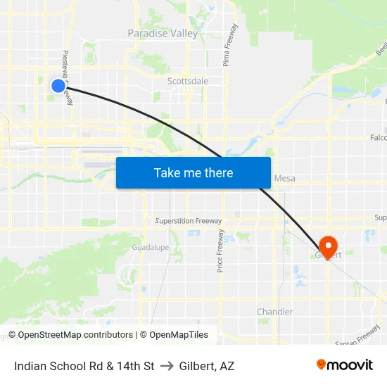 Indian School Rd & 14th St to Gilbert, AZ map
