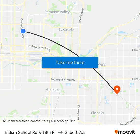 Indian School Rd & 18th Pl to Gilbert, AZ map